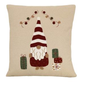 Kuddfodral PAKETTOMTE med broderad tomte och paket i beige teddykvalite