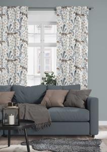 Panelgardin Stjärnspeja med fantasifulla rävar och växter i beige och grått