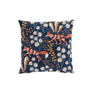Kuddfodral Stjärnspeja med fantasifulla rävar och växter, Stl: 47x47cm, mörkblå, orange