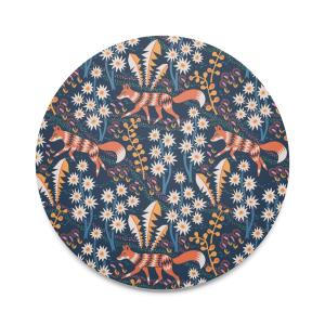 Runt grytunderlägg Stjärnspeja med fantasifulla rävar och växter, Stl: diameter 21 cm, mörkblå, orange