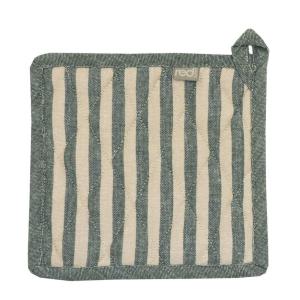 Grytlapp Melker med vävda ränder i grönt och linnefärg