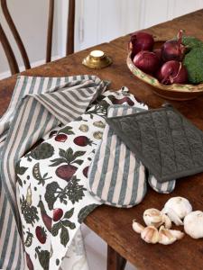 Kökshandduk Melker med vävda ränder i grönt och linnefärg