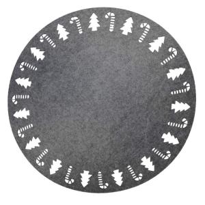 Bordstablett JOLLY, rund i grått filtmaterial med utstansade granar och polkagrisar