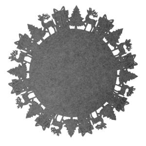 Bordstablett DEER, rund i grått filtmaterial med utstansade granar, paket och rådjur
