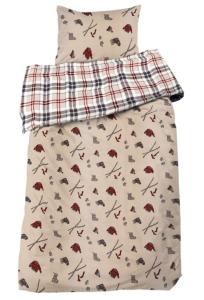 Bäddset JÄRVSÖ i beige flanell, skidinspirerat mönster på framsidan och rutig baksida