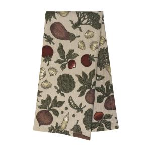 Kökshandduk SKÖRDETID, med mönster av säsongens grönsaker. Linnefärgad botten