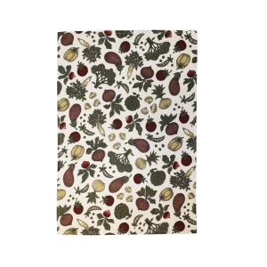 Kökshandduk SKÖRDETID, med mönster av säsongens grönsaker. Vit bottenfärg