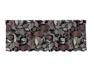 Gardinkappa AURORA med snirklande blommor och blad i vinrött, svart bottenfärg