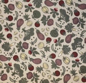 Gardinkappa SKÖRDETID, med mönster av säsongens grönsaker. Linnefärgad botten