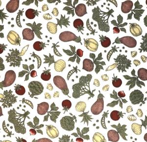 Duk fyrkantig, SKÖRDETID, med mönster av säsongens grönsaker. Vit bottenfärg