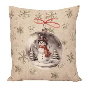 Kuddfodral SNÖGUBBE i en julkula, linnefärgad botten och snöflingor runt om