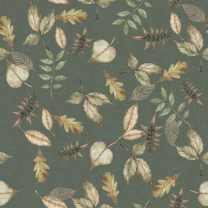 Gardinkappa FALLING EMBER på metervara med löv i brunt på grön bottenfärg