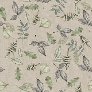 Gardinkappa FALLING EMBER på metervara med löv i grått och grönt