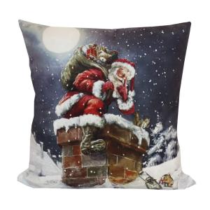 Kuddfodral X-MAS med en tomte på väg ner i skorstenen