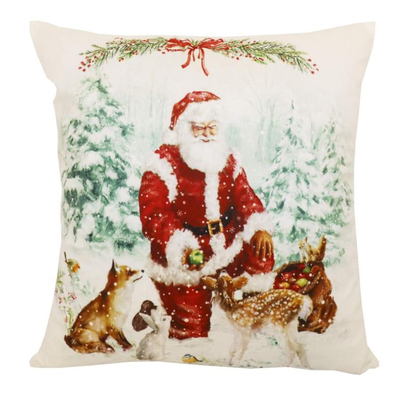 Kuddfodral OLD SANTA i sammet med Tomten som matar djuren