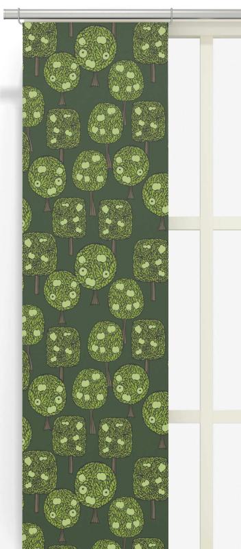 Panelgardin Äppelskogen med äppelträd och ljusgröna äpplen, Stl. 2st 43x240cm, mörkgrön botten