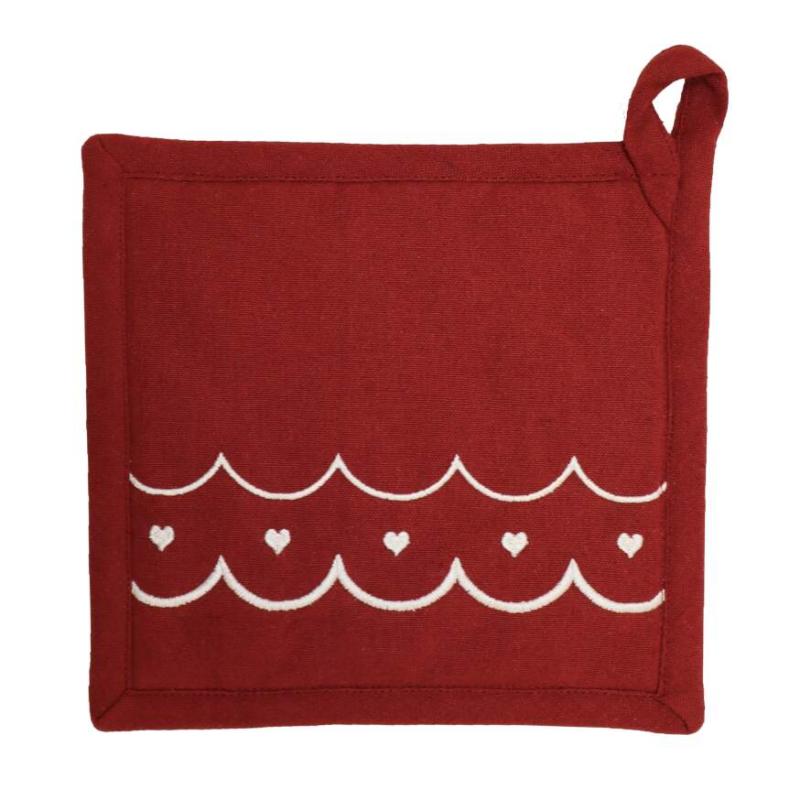 Grytlapp MAJKEN i rött med vita broderade hjärtan och vågig kant