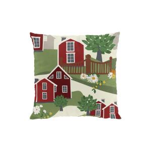 Kuddfodral Katthult med hus, Stl. 47x47cm, röd och grön