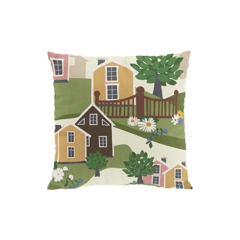 Kuddfodral Katthult med hus, Stl. 47x47cm, gul och grön