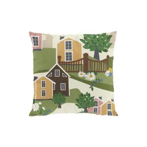 Kuddfodral Katthult med hus, Stl. 47x47cm, gul och grön