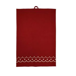 Kökshandduk MAJKEN i rött med vita broderade hjärtan och vågig kant