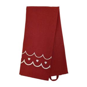 Kökshandduk MAJKEN i rött med vita broderade hjärtan och vågig kant