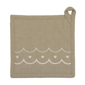 Grytlapp MAJKEN i linnefärg med vita broderade hjärtan och vågig kant