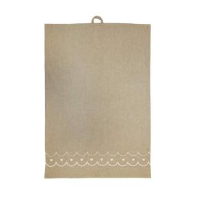 Kökshandduk MAJKEN i linnefärg med vita broderade hjärtan och vågig kant