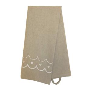 Kökshandduk MAJKEN i linnefärg med vita broderade hjärtan och vågig kant