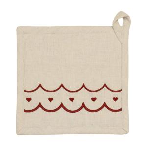 Grytlapp MAJKEN i offwhite med röda broderade hjärtan och vågig kant