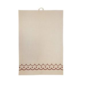 Kökshandduk MAJKEN i offwhite med röda broderade hjärtan och vågig kant