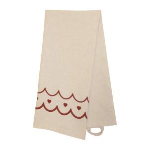 Kökshandduk MAJKEN i offwhite med röda broderade hjärtan och vågig kant