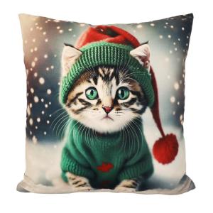 Kuddfodral X-MAS CAT med en ljuvligt söt kattunge i en stickad grön tröja och tomteluva