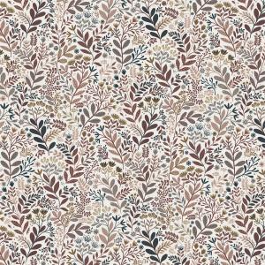 Gardin HAGE med blad och blommor i denimblått och rost på beige botten