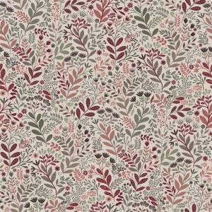 Gardin HAGE med blad och blommor i vinrött och grönt på beige botten