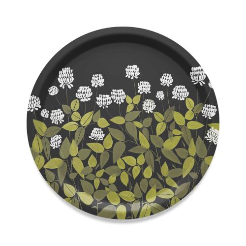 Rund Bricka Ängsmark med klöverblommor, Stl. diameter 31cm, svart, grön, vit