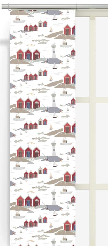Panelgardin Kust, röda båthus, vita fyrar. Stl. 2st 43x240cm, offwhite bottenfärg
