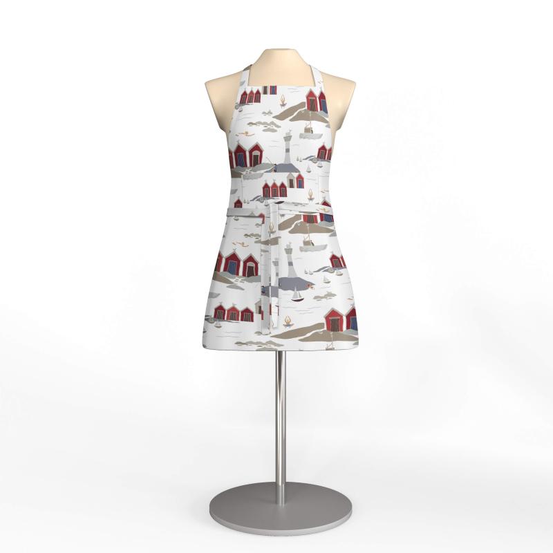 Förkläde Kust, röda båthus, vita fyrar Stl. 65x85cm, offwhite bottenfärg