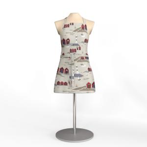 Förkläde Kust, röda båthus, vita fyrar Stl. 65x85cm, beige bottenfärg