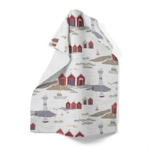Handduk Kust, röda båthus, vita fyrar Stl. 46x70cm, offwhite bottenfärg