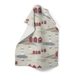 Handduk Kust, röda båthus, vita fyrar Stl. 46x70cm, beige bottenfärg