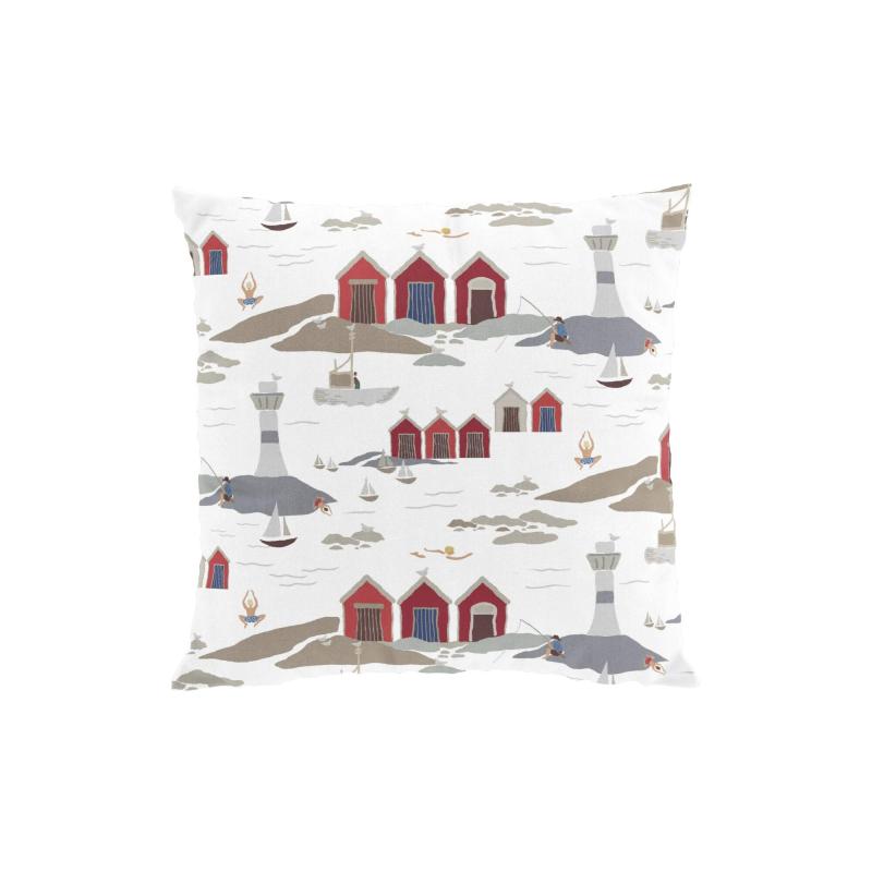 Kuddfodral Kust, röda båthus, vita fyrar Stl. 47x47cm, offwhite bottenfärg