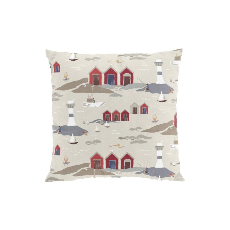 Kuddfodral Kust, röda båthus, vita fyrar Stl. 47x47cm, beige bottenfärg