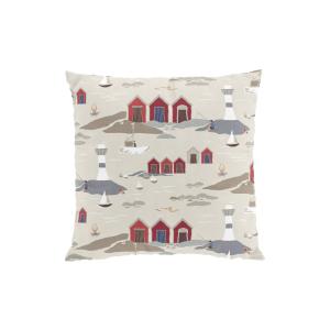 Kuddfodral Kust, röda båthus, vita fyrar Stl. 47x47cm, beige bottenfärg