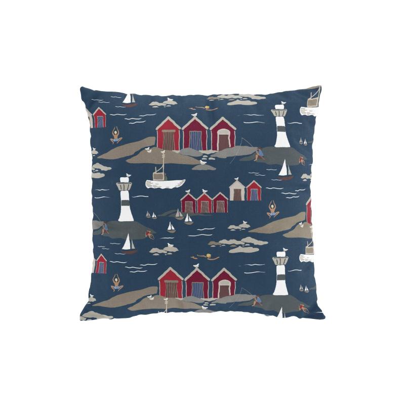 Kuddfodral Kust, röda båthus, vita fyrar Stl. 47x47cm, blå bottenfärg