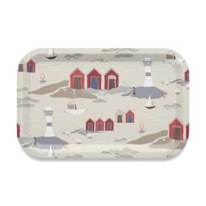 Bricka Kust, röda båthus, vita fyrar, Stl. 27x20cm, beige bottenfärg
