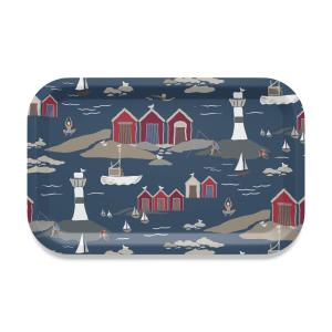 Bricka Kust, röda båthus, vita fyrar, Stl. 27x20cm, blå bottenfärg