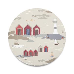 Runt Grytunderlägg Kust, röda båthus, vita fyrar, Stl. diameter 21cm, beige bottenfärg