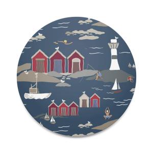 Runt Grytunderlägg Kust, röda båthus, vita fyrar, Stl. diameter 21cm, blå bottenfärg