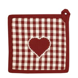 Grytlapp JULIA, rutig i rött och vitt med ett rött hjärta med brodyr runt